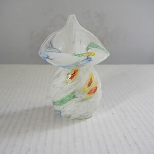 Murano Style‎ Jack In The Pulpit Art Glass Bud Vase White Swirl Colorful Small